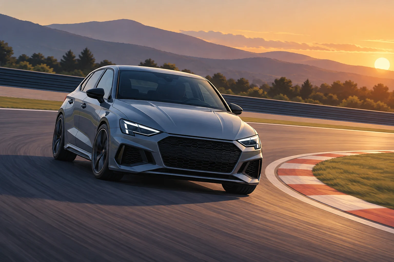 A modern car taking a corner on a closed track.