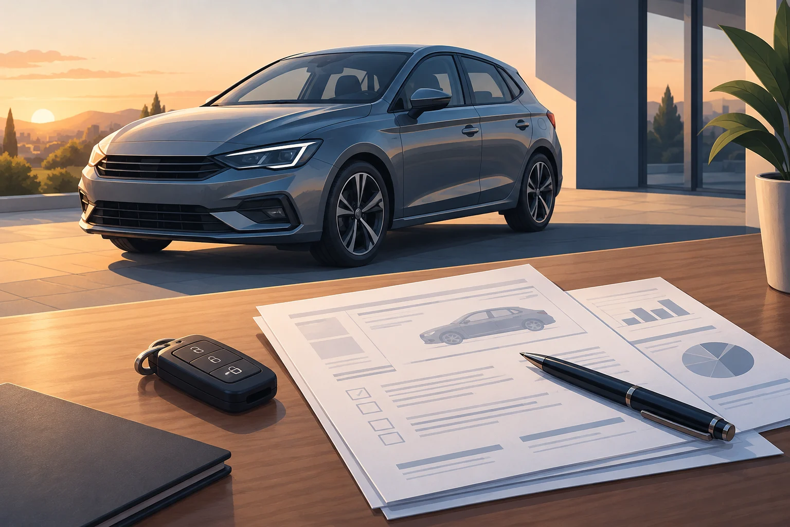 A car parked next to documents without legible text.