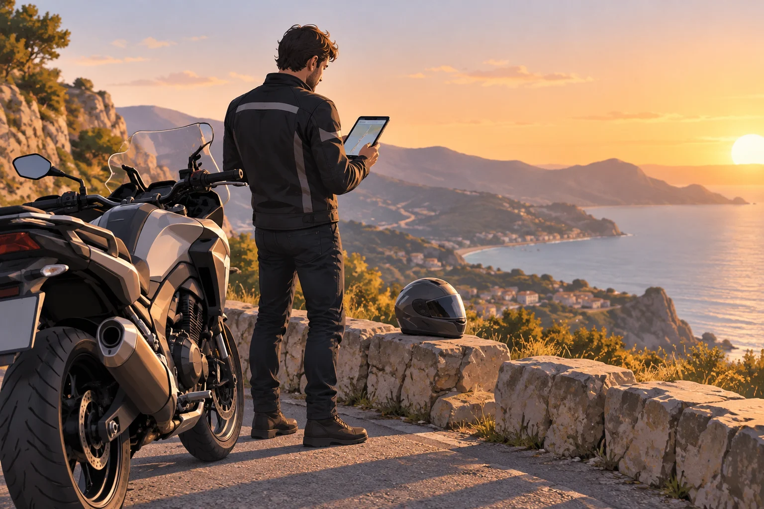Personne consultant des informations près d'une motocyclette stationnée