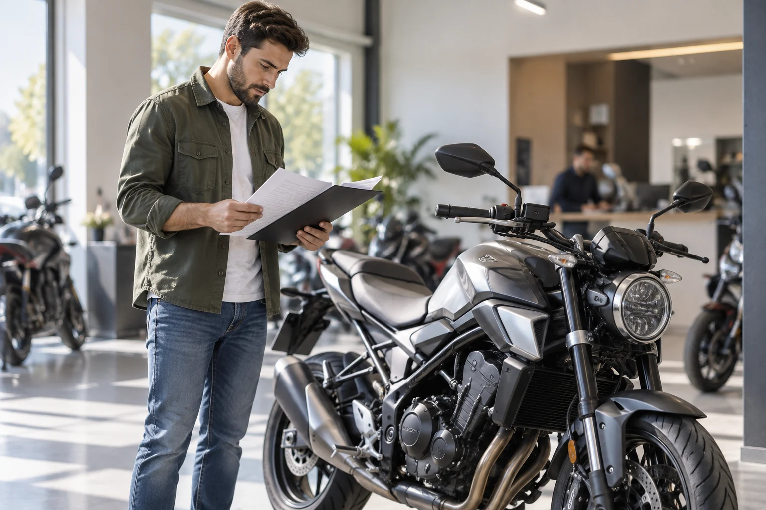 Acheteur consultant des documents près d'une motocyclette d'occasion stationnée
