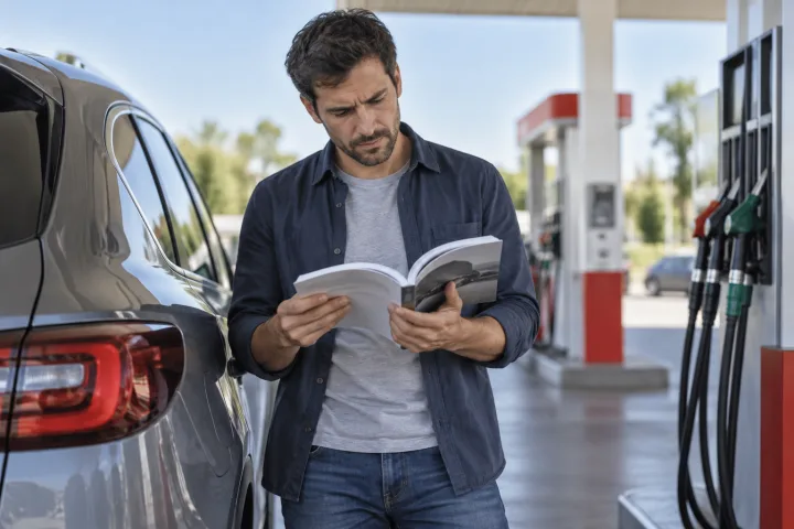 Driver consulting the manual next to a gasoline pump at a service station
