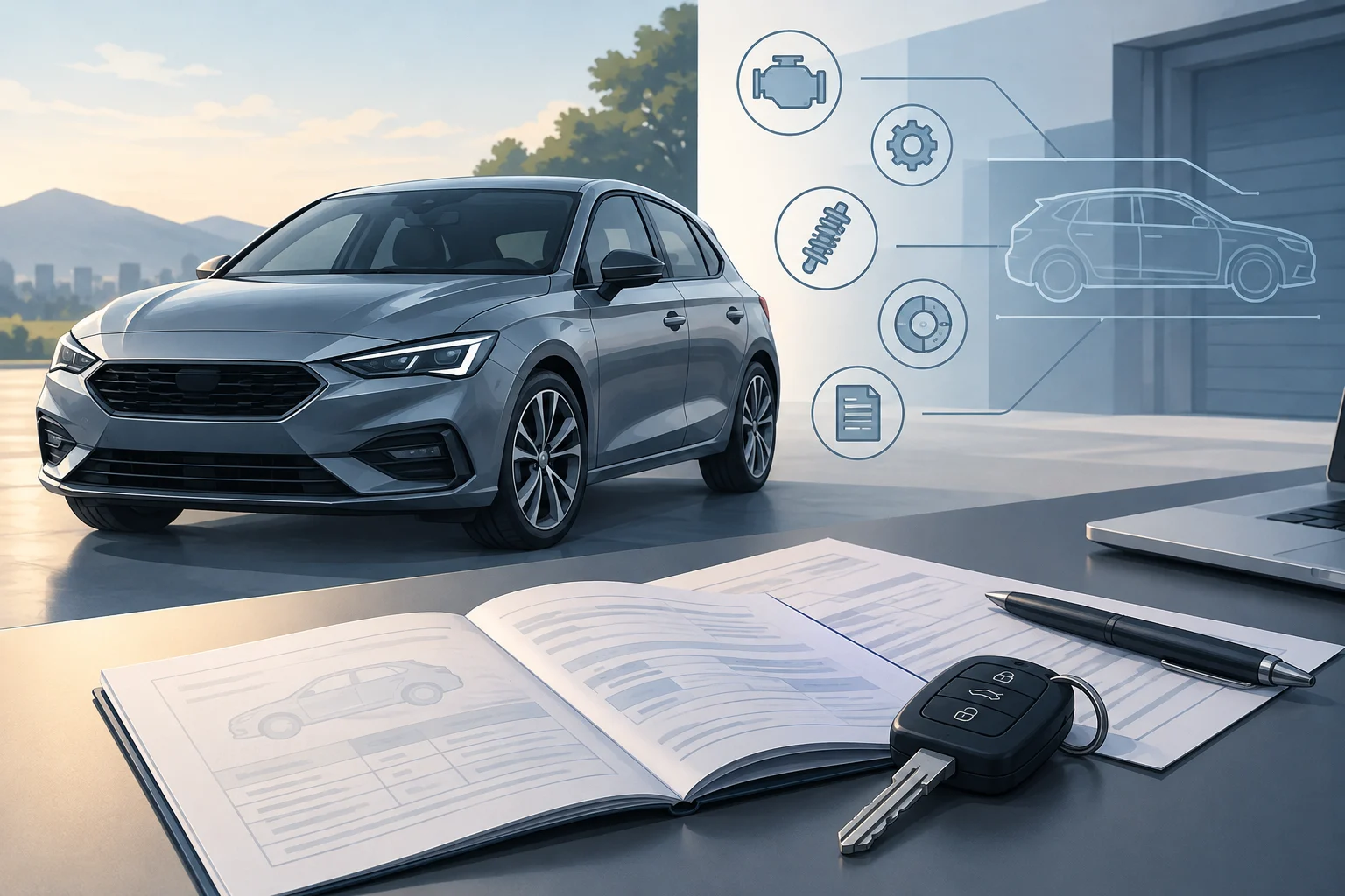 Generisches Auto neben Fahrzeugdokumentation.