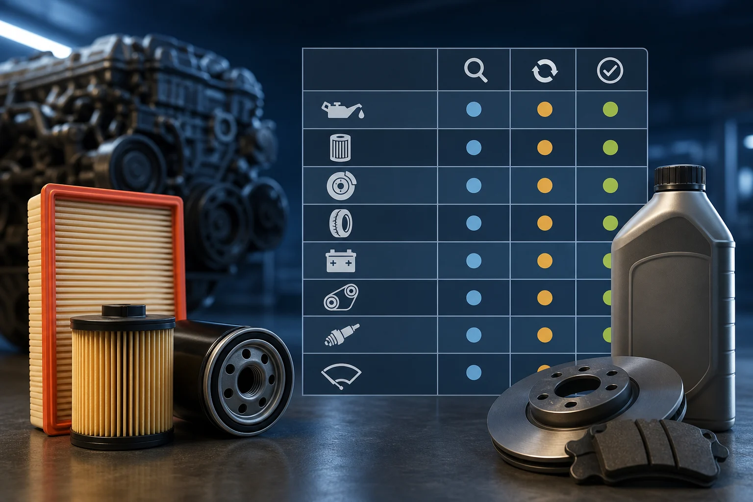 Allgemeine Wartungstabelle neben Filtern und Bremsflüssigkeit für ein Auto.