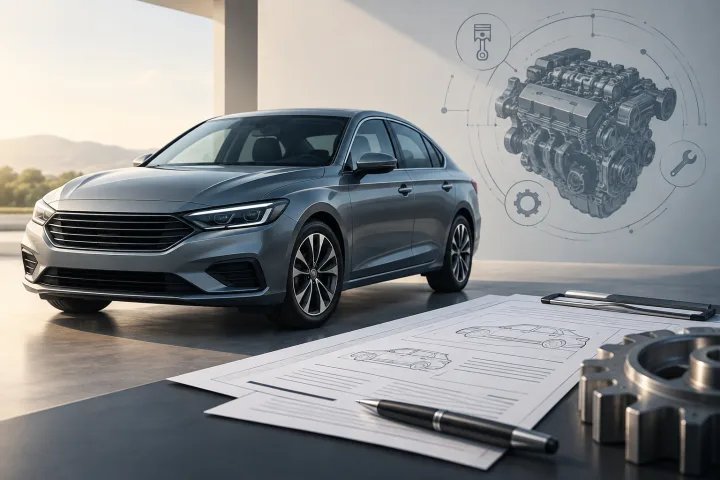 Open technical documentation next to a schematic illustration of a car
