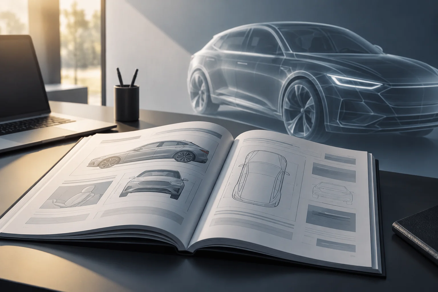 Open documentation next to an abstract illustration of a car