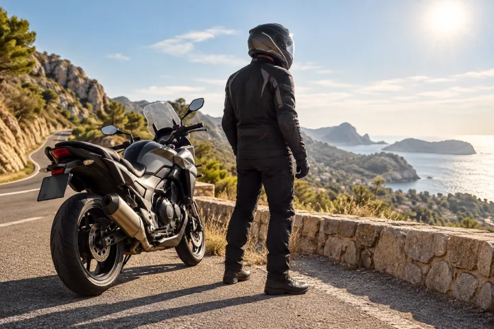 Motociclista ao lado da sua moto e com capacete, jaqueta, calças e botas numa estrada de verão