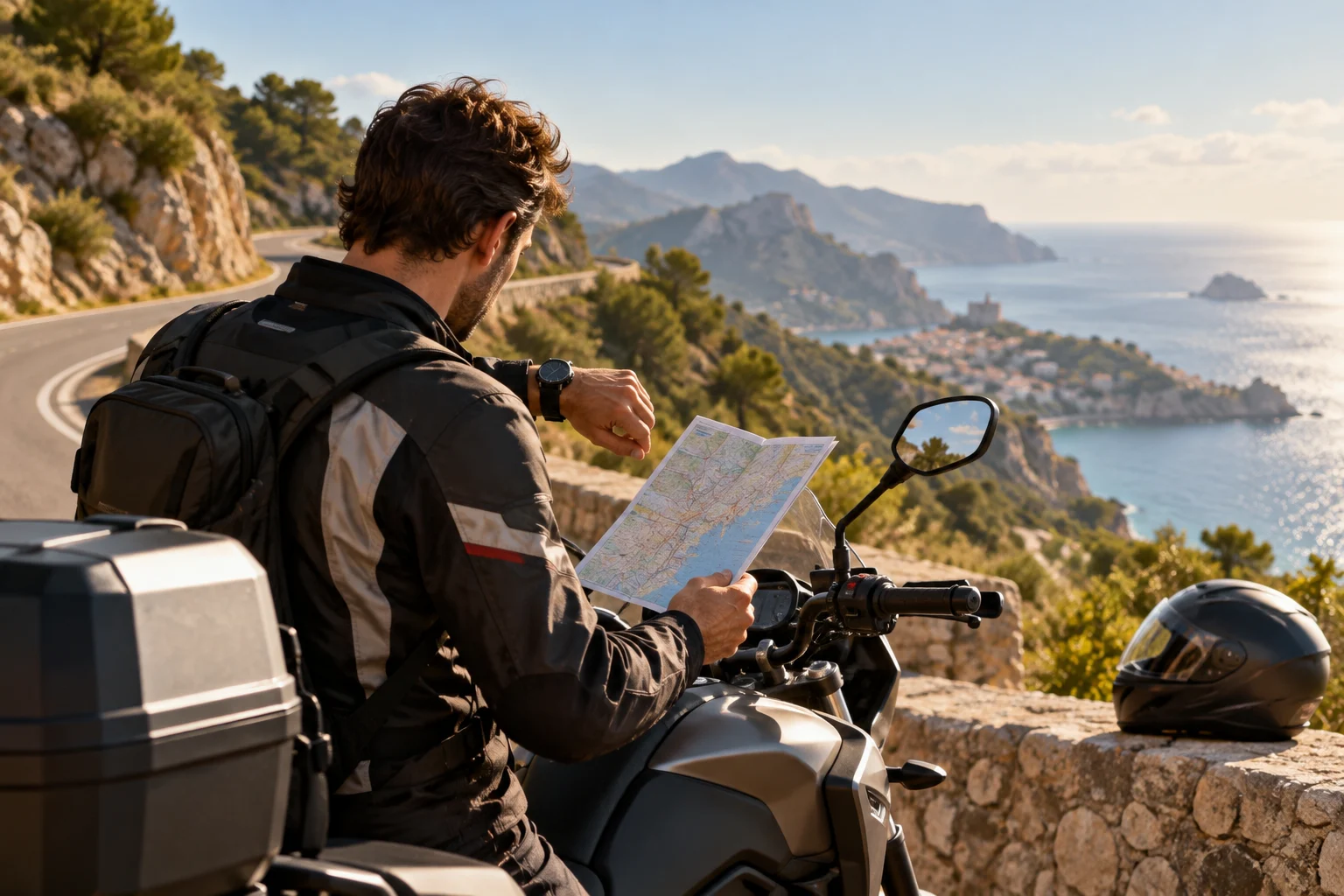 Motard consulte l’horaire et l’itinéraire avant un voyage d’été