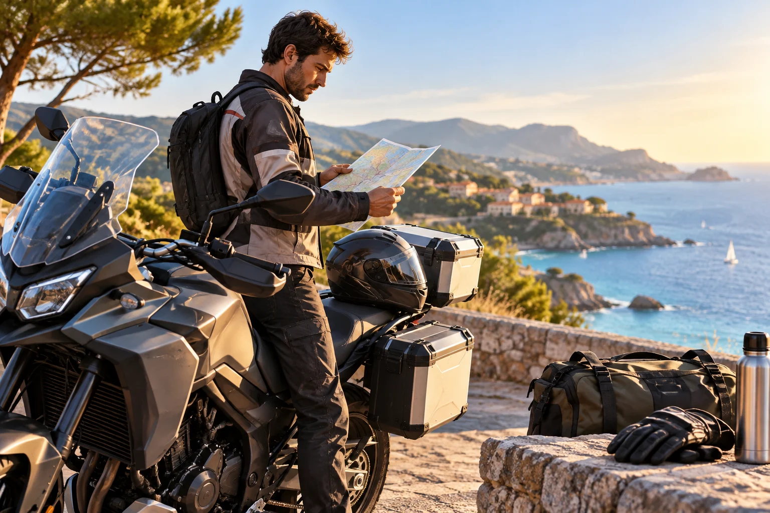 Motard avec sa moto avant un voyage d’été, vérifiant son planning