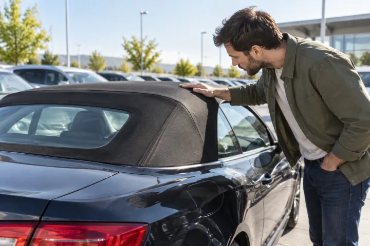 Persona che osserva il tetto di una cabriolet usata parcheggiata