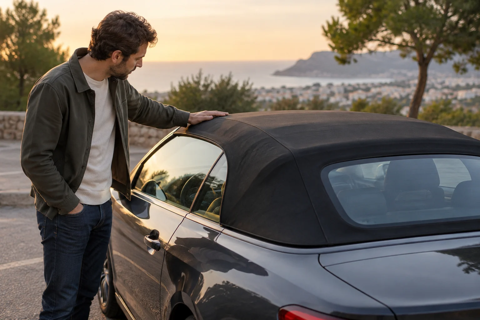 Personne observant le toit d'un cabriolet d'occasion