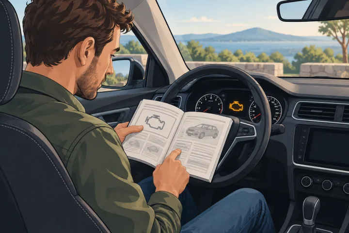Driver consulting the vehicle manual in response to a dashboard warning