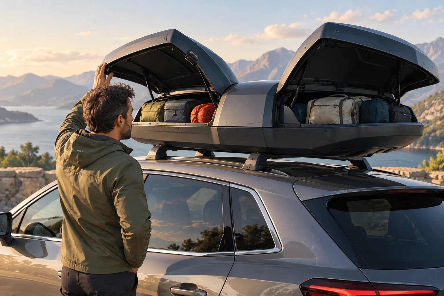 Person checking the side openings of a roof box