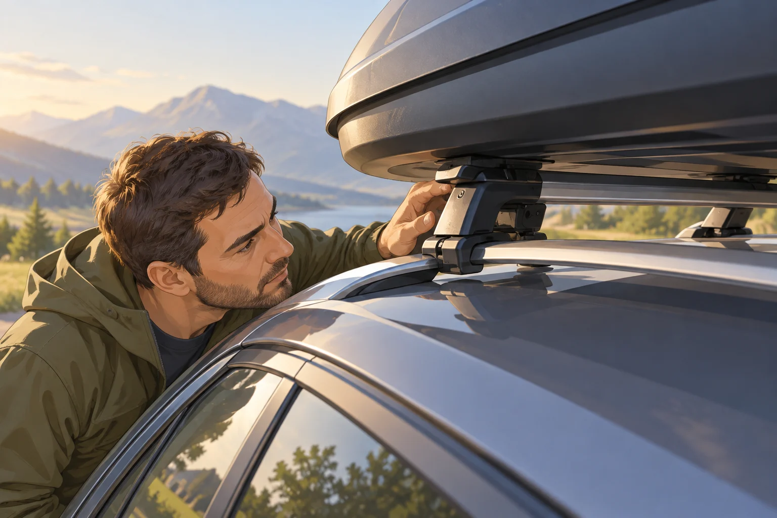 Person checking the fixation of a roof box