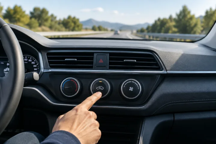 Driver next to a car's climate control panel, with the recirculation symbol visible and a clear windshield.