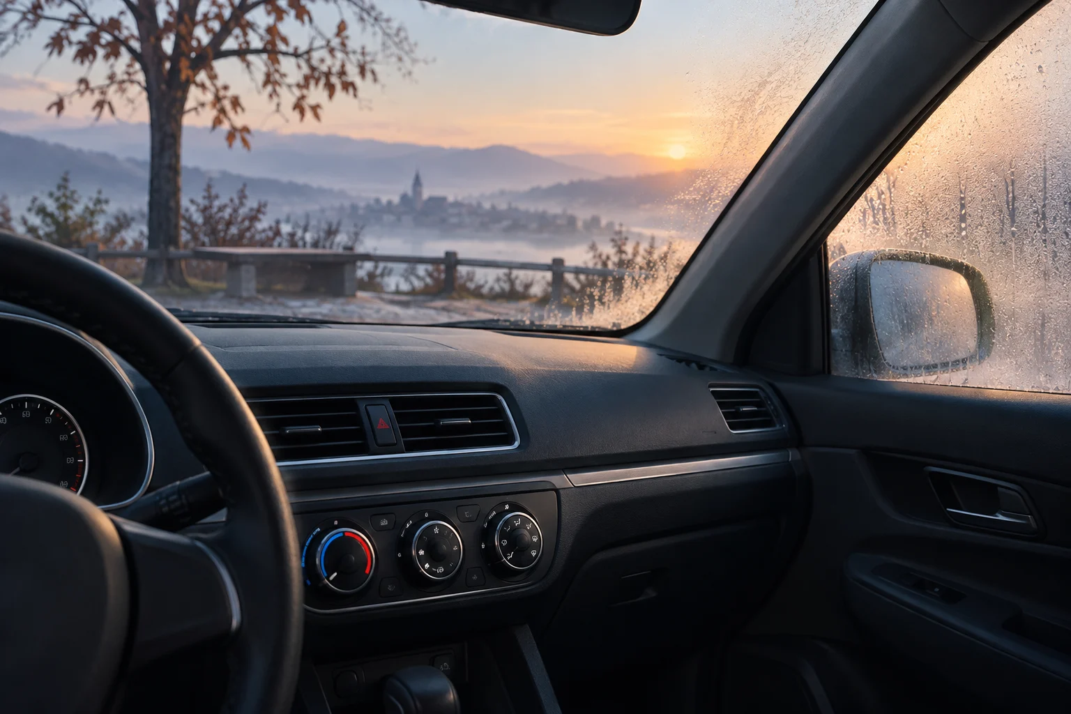 Vitre de voiture légèrement embuée à côté des commandes de climatisation.