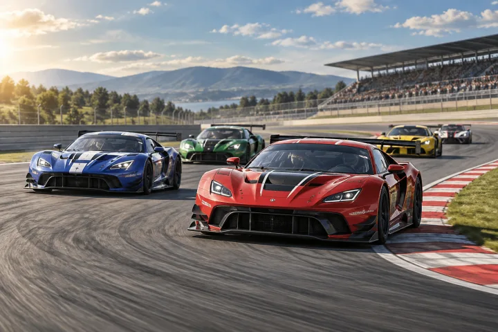 Des voitures de course circulent sur un circuit pendant une course d'endurance.