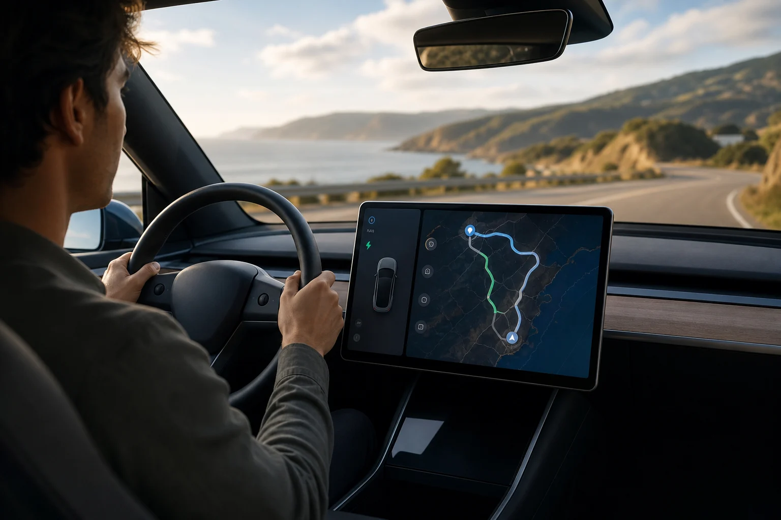 Electric car navigation screen showing a road route and two planned charging locations.