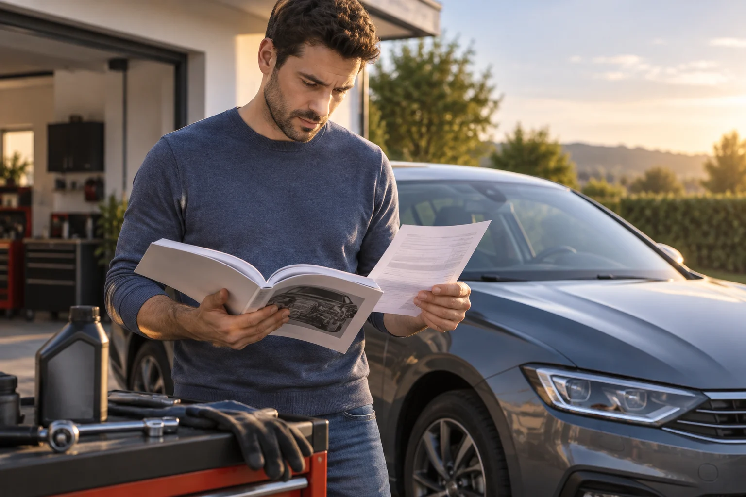 Condutor consulta o manual e uma fatura de manutenção do seu carro