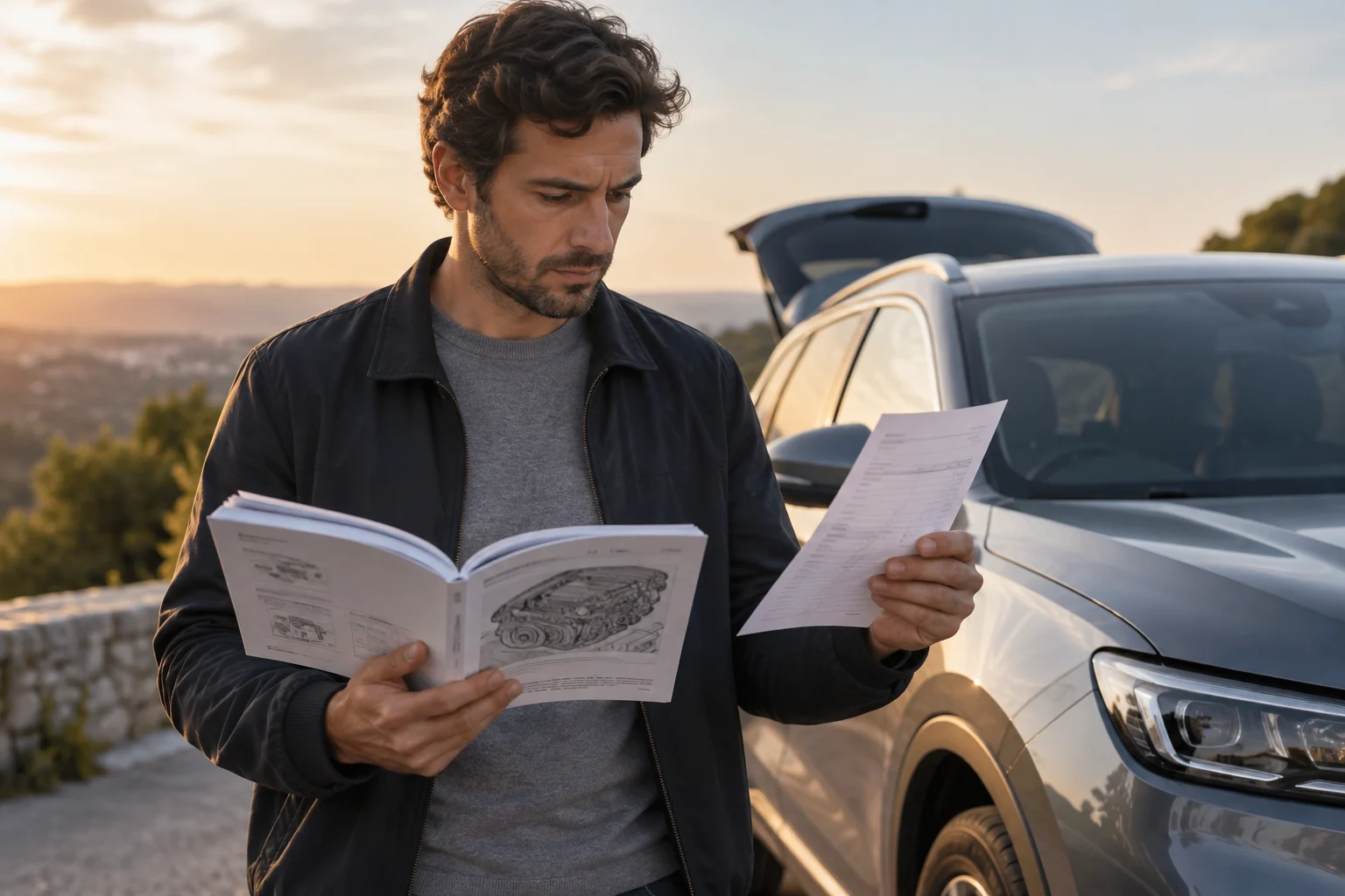 Condutor consulta o manual e uma fatura de manutenção do seu carro
