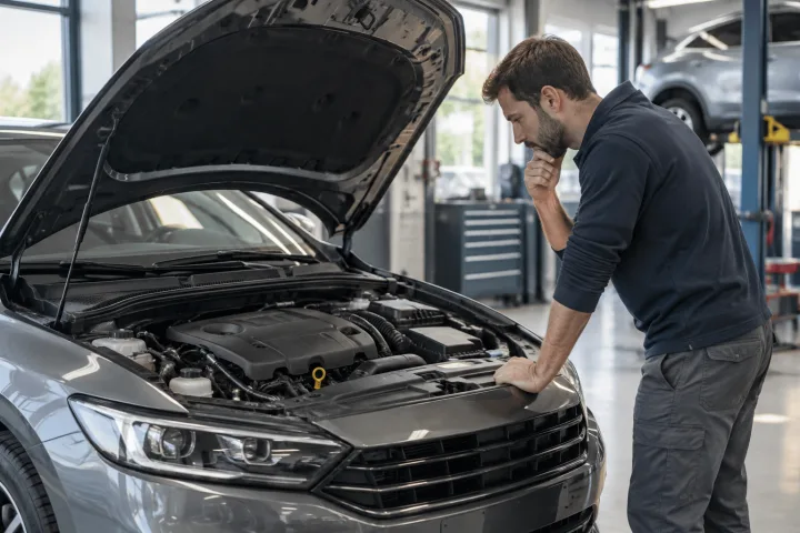 Technicien observe le compartiment moteur d'une voiture dans un atelier