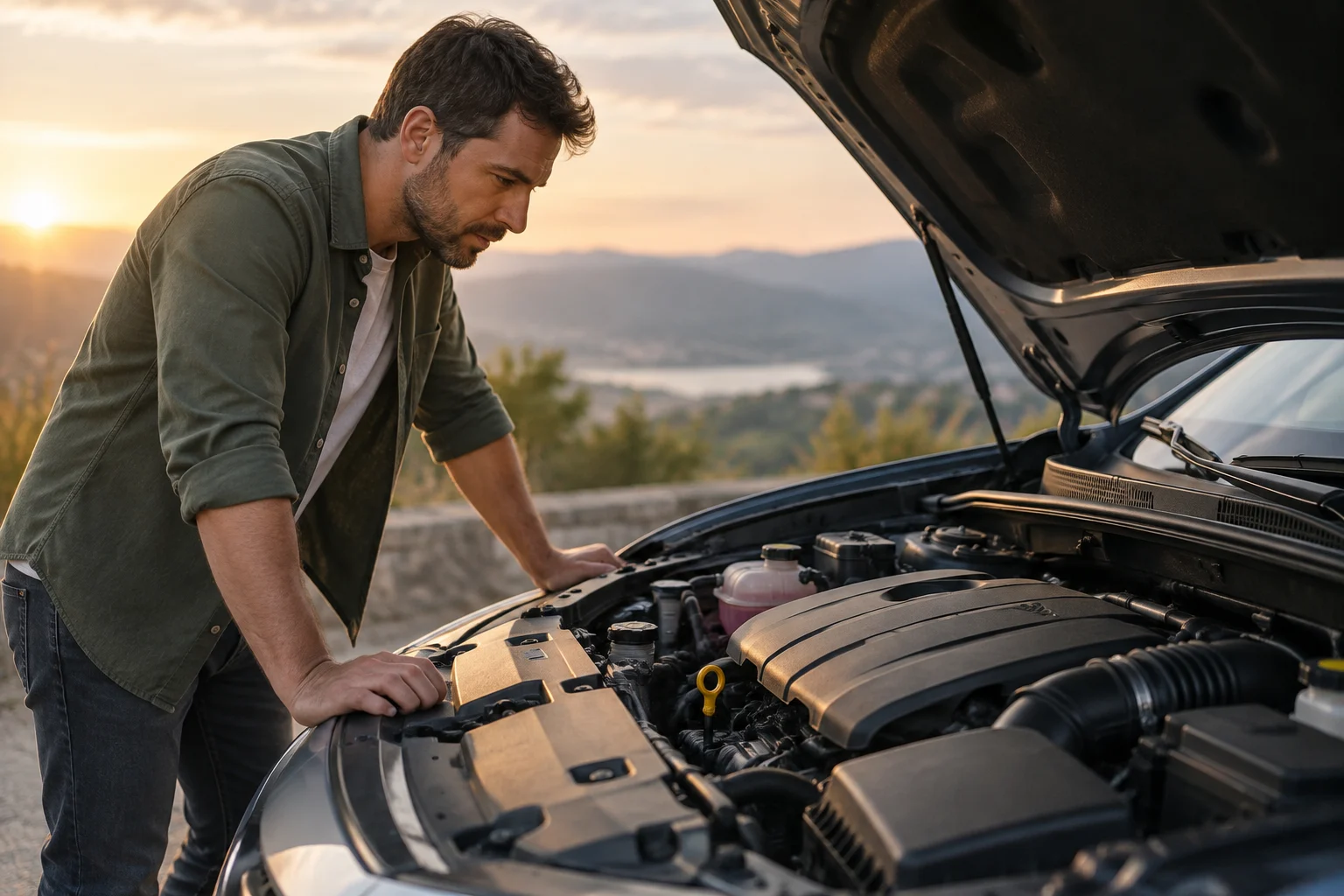 Personne observant le compartiment moteur d'une voiture