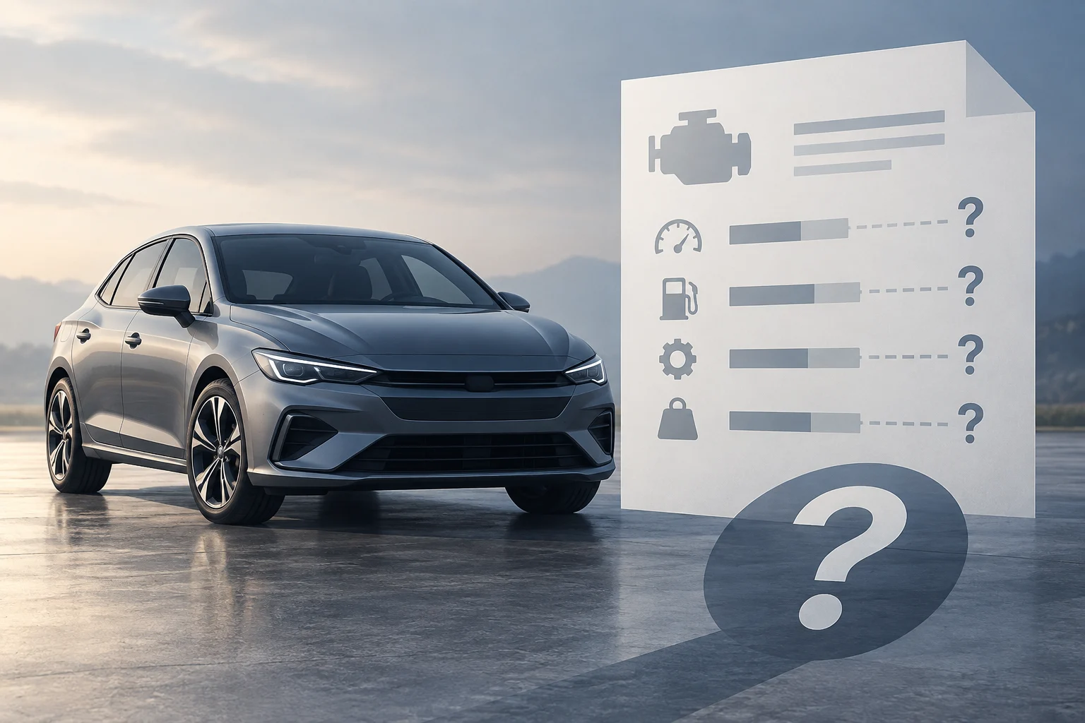 Voiture à côté d'une feuille technique sans texte lisible