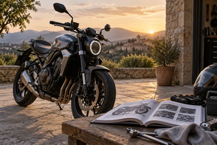 Motorrad, das neben seiner Dokumentation geparkt ist, seitliche Ansicht.