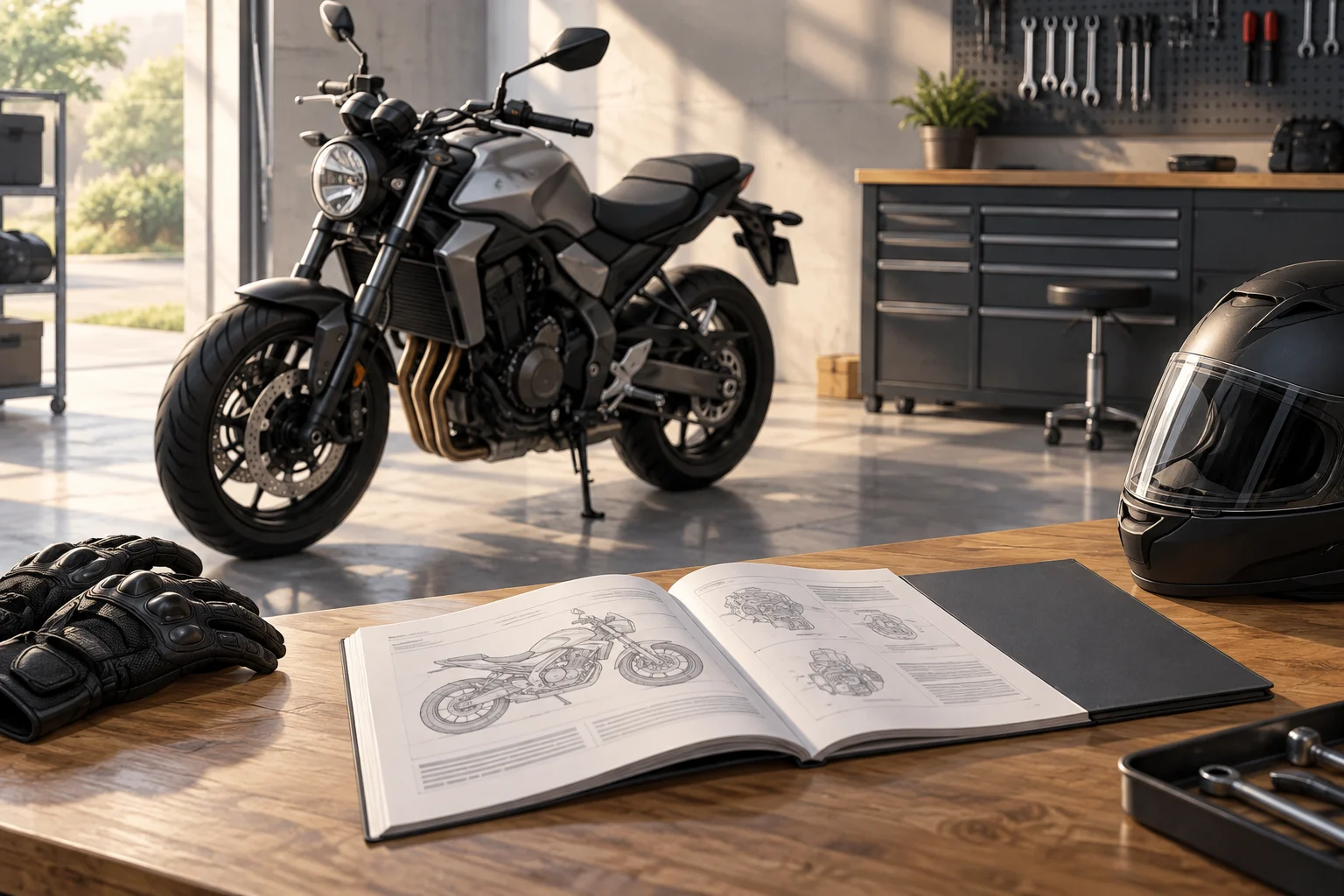Geparktes Motorrad neben Herstellerdokumentation.