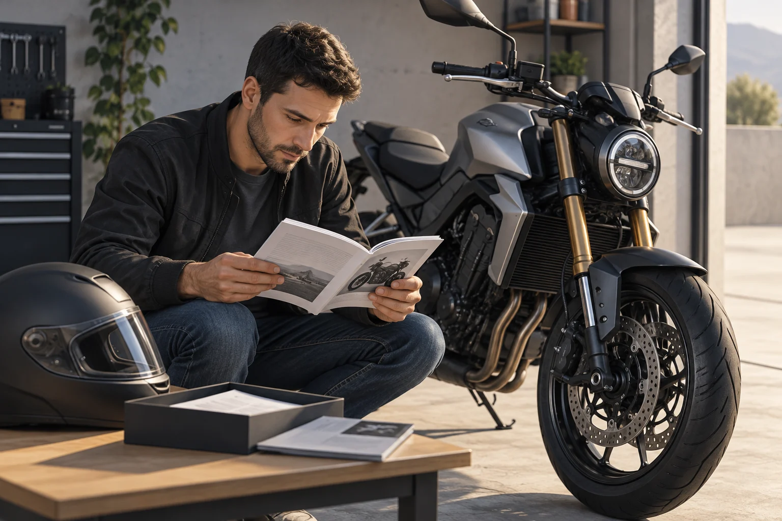 Person, die Dokumente neben einem geparkten Motorrad vergleicht.