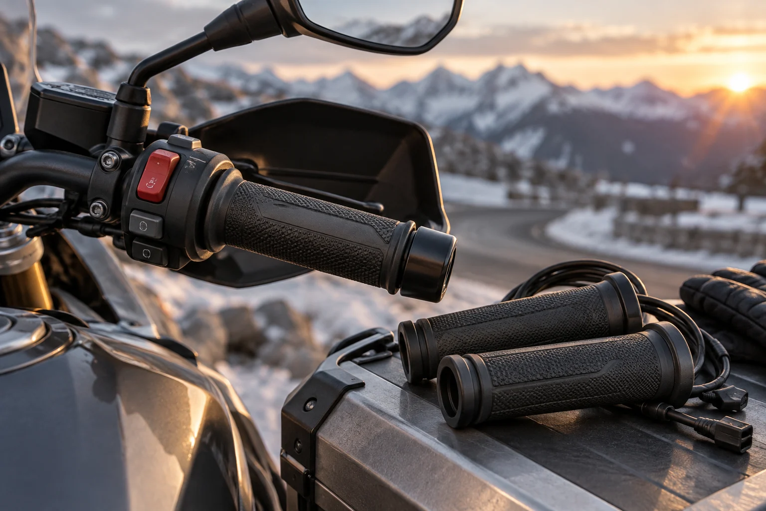 Generische Heizgriffe neben dem Lenker eines Motorrads