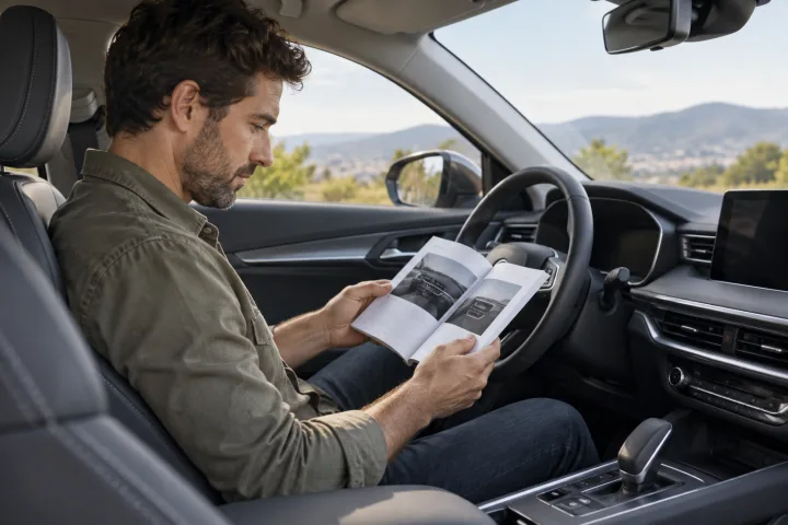 Personne consultant le manuel d'une voiture neuve stationnée avant de démarrer