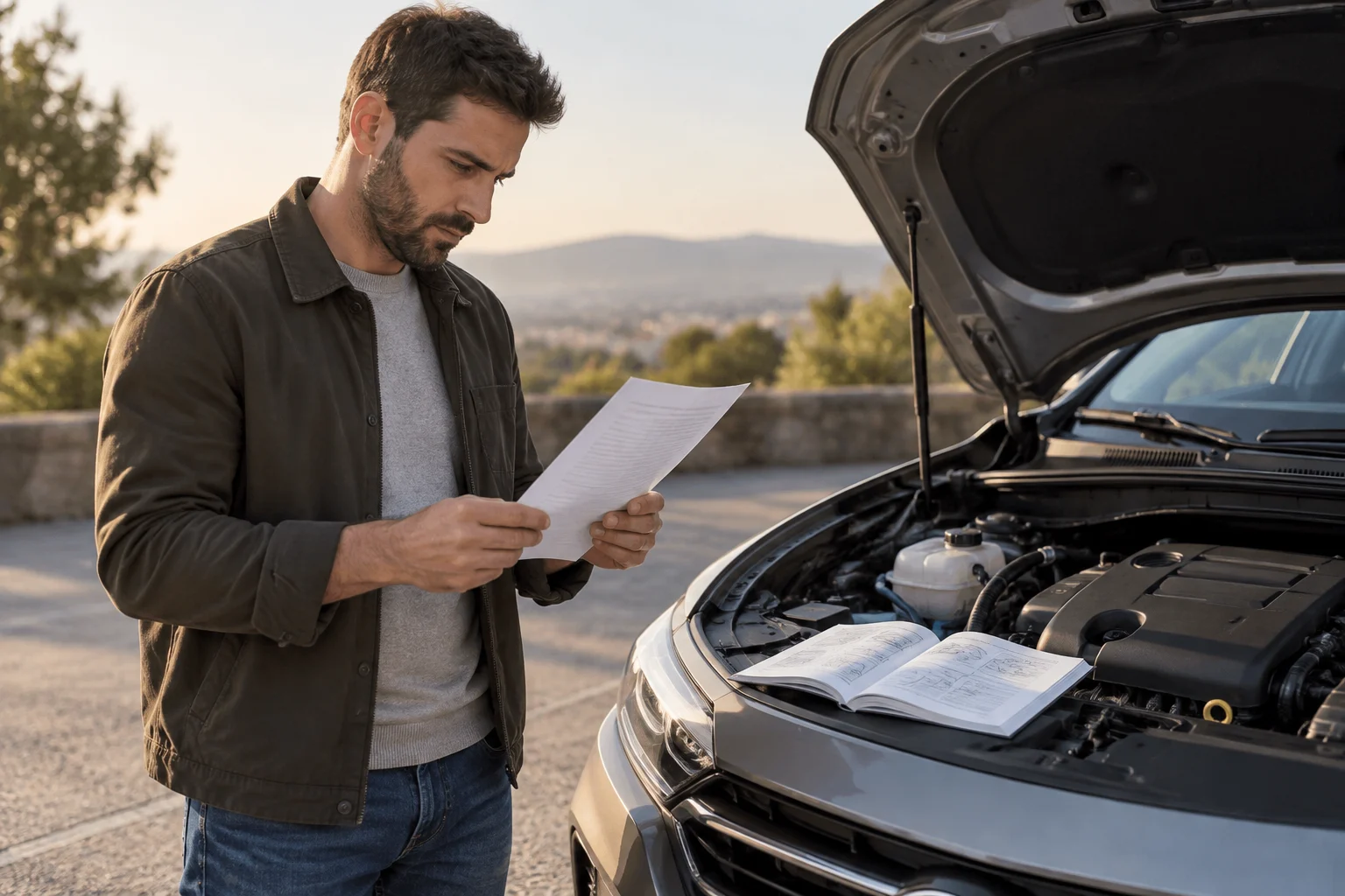 Pessoa a comparar uma página impressa com o manual de um carro