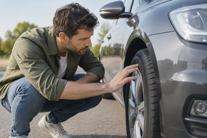 Une personne observe le flanc d'un pneu monté sur une voiture d'occasion.