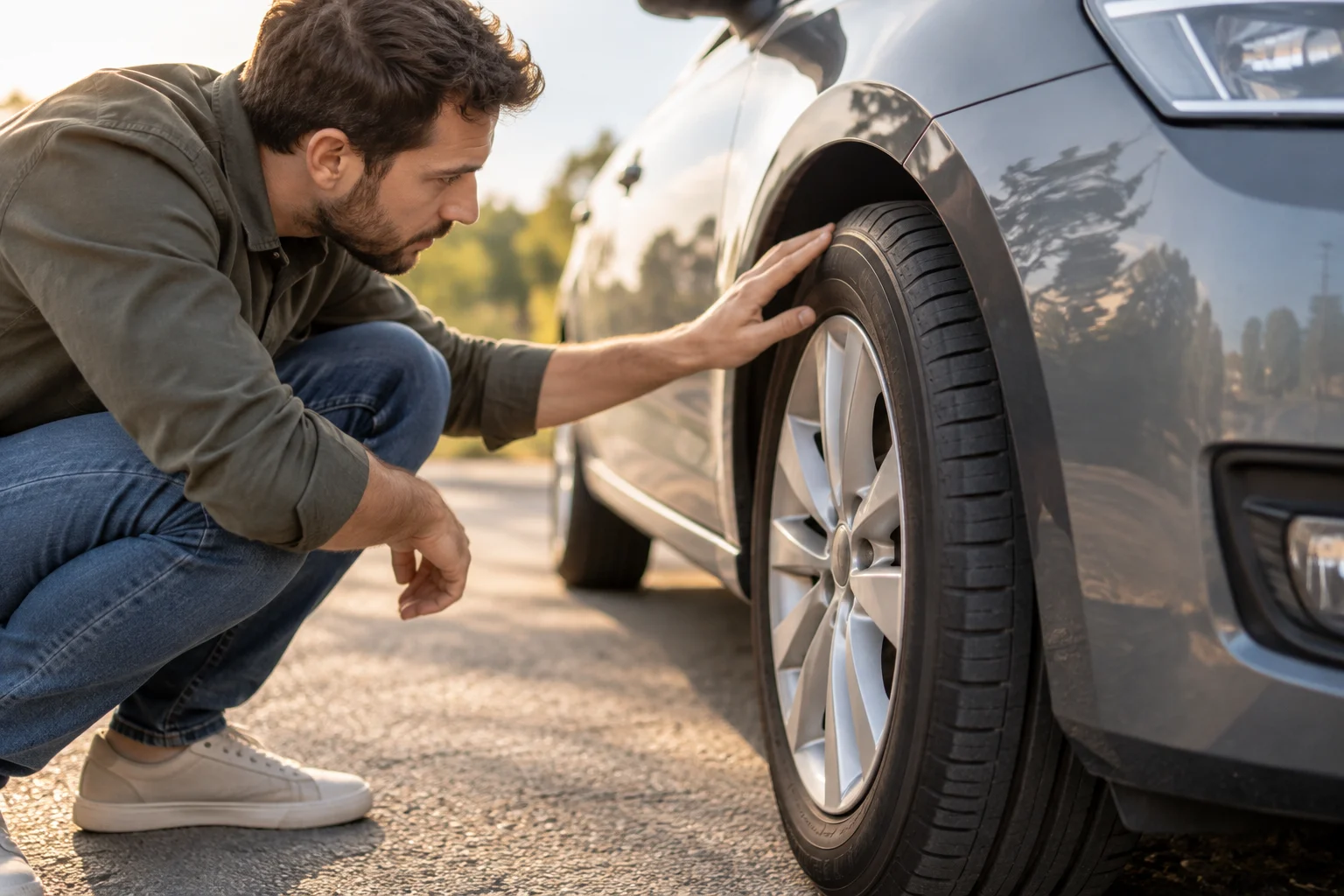 Uma pessoa observa o flanco de um pneu montado num carro usado.