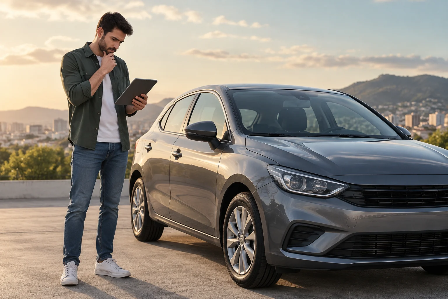 Uma pessoa consulta informação junto a um carro usado.