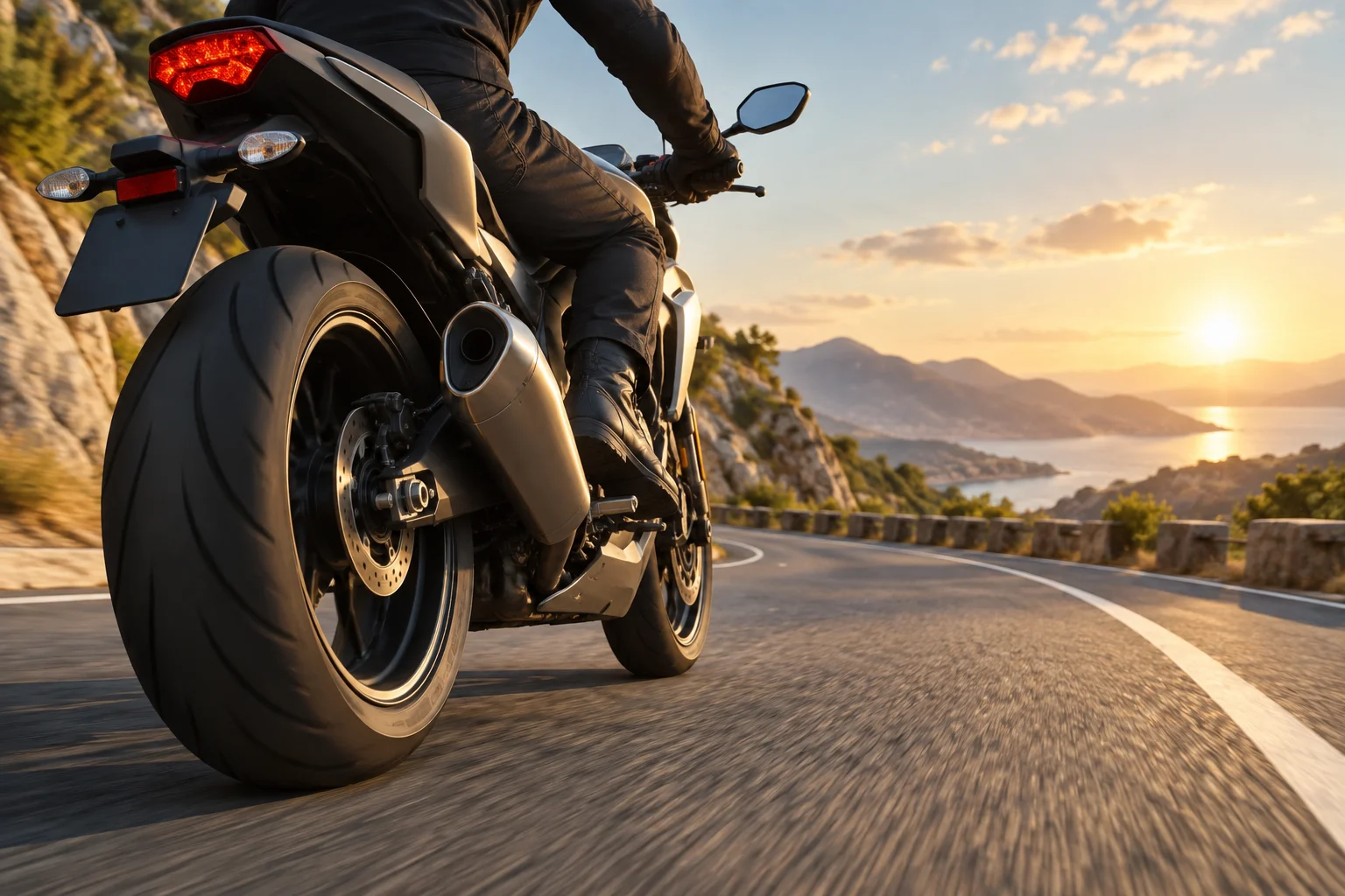 Vue latérale d'une motocyclette générique sur route, avec la roue arrière visible.