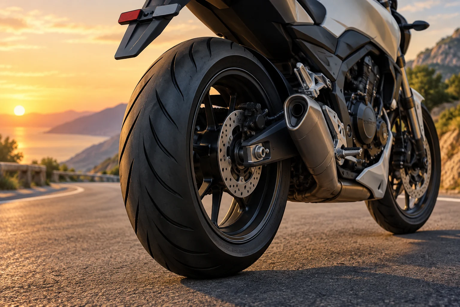 Motocyclette générique avec la roue arrière mise en valeur, sans représentation de mécanismes internes.