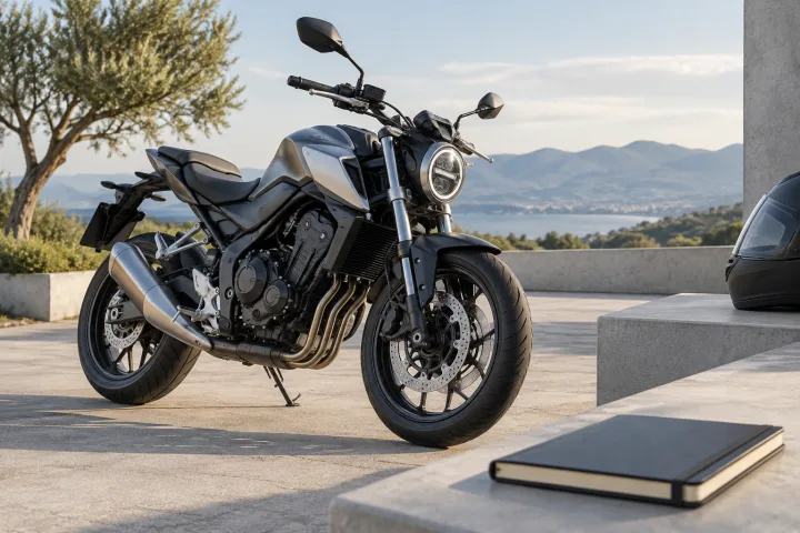 Generic motorcycle parked next to a closed notebook, with no legible text