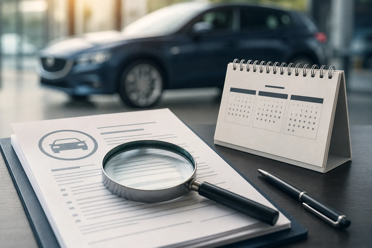 Calendar and contract used to review the liability period for a used car sold by a professional.