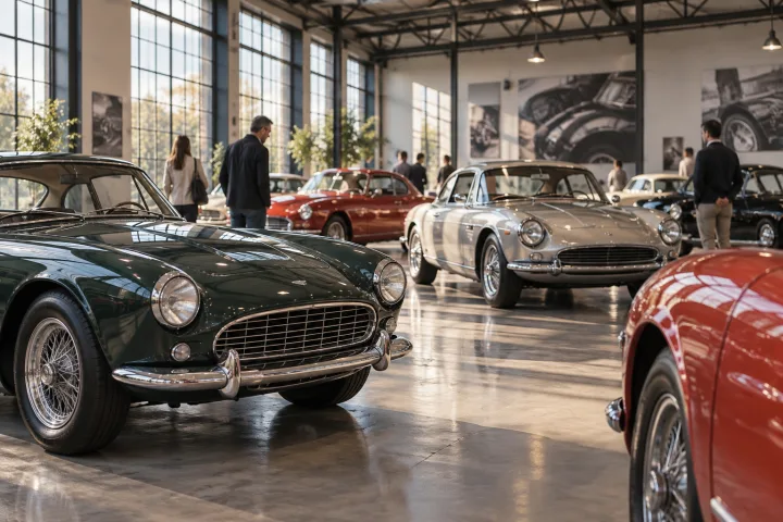 Voitures classiques exposées dans une salle de musée industrielle