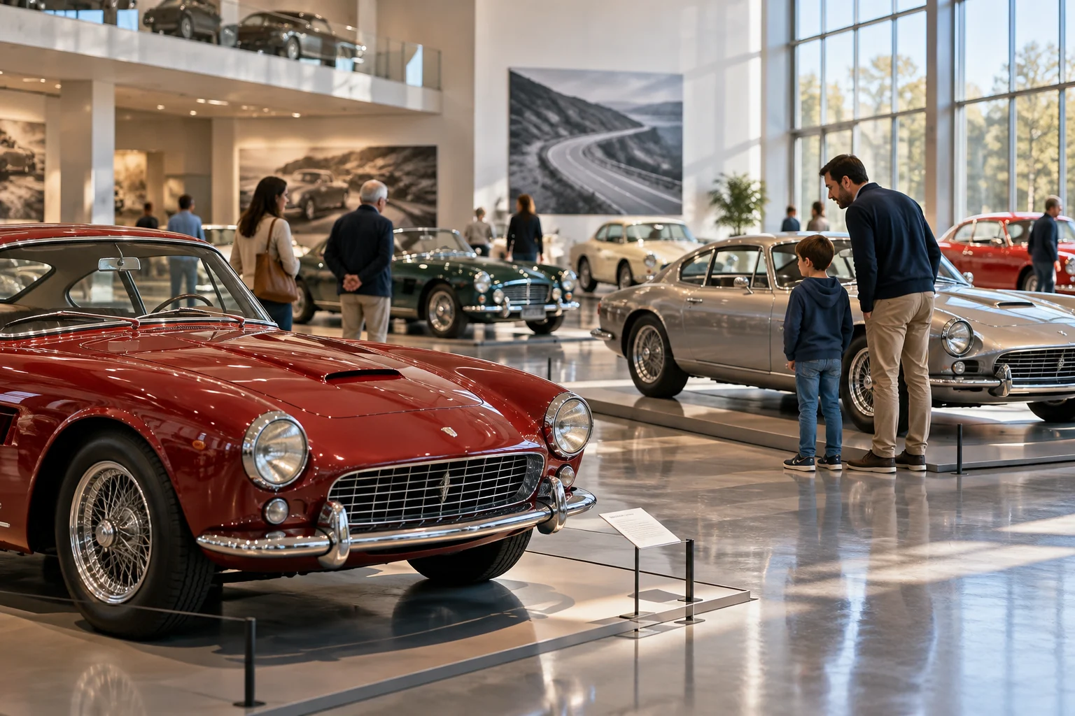 Visiteurs observent des voitures classiques dans une salle d’exposition