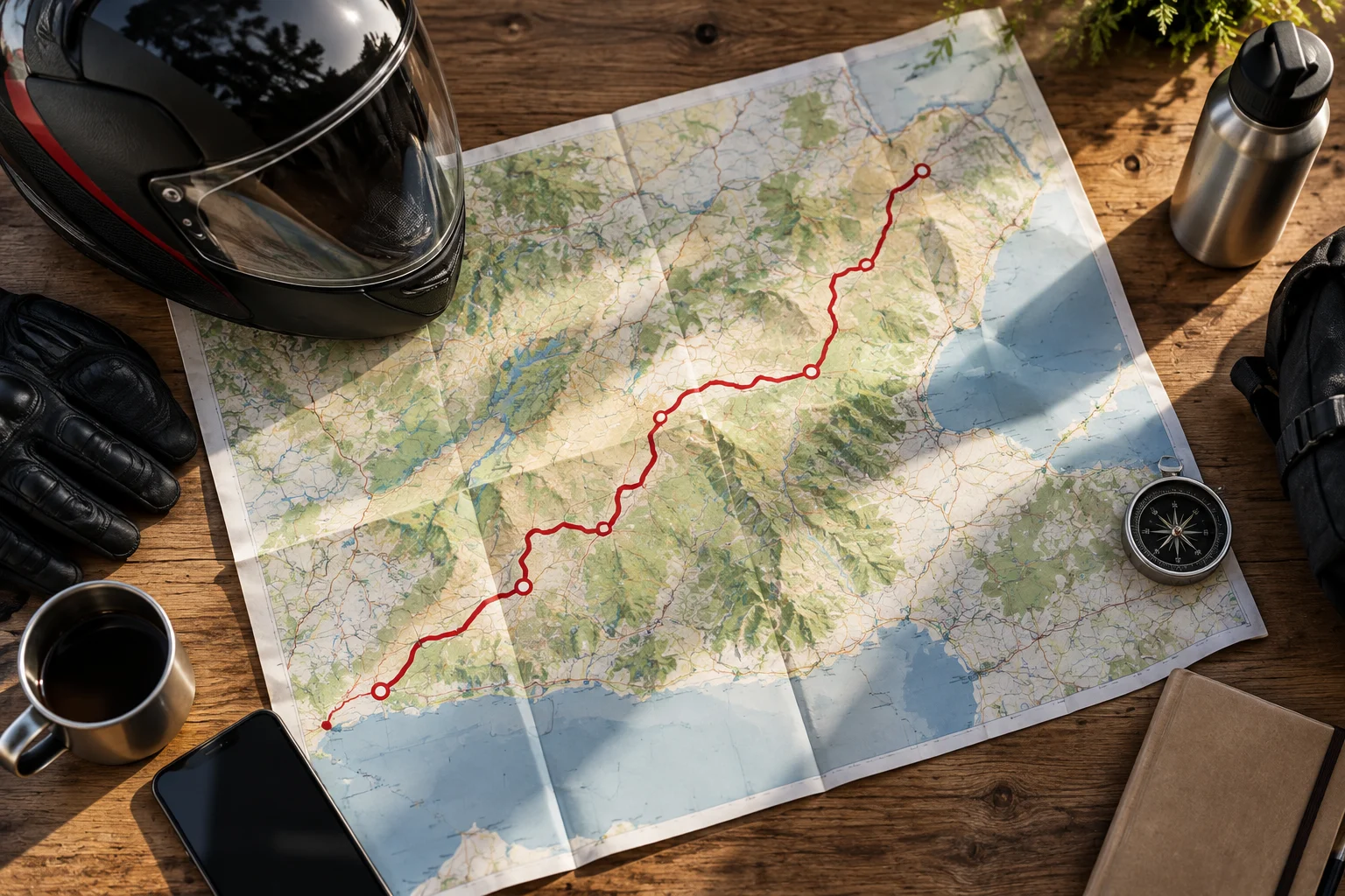 Map showing a route between several points beside a motorcycle helmet