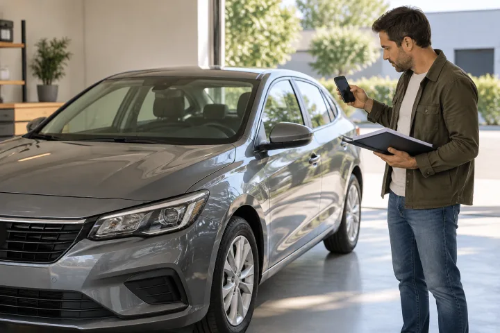 Auto pulita parcheggiata in una zona luminosa accanto a una persona che organizza i documenti per preparare l'annuncio.