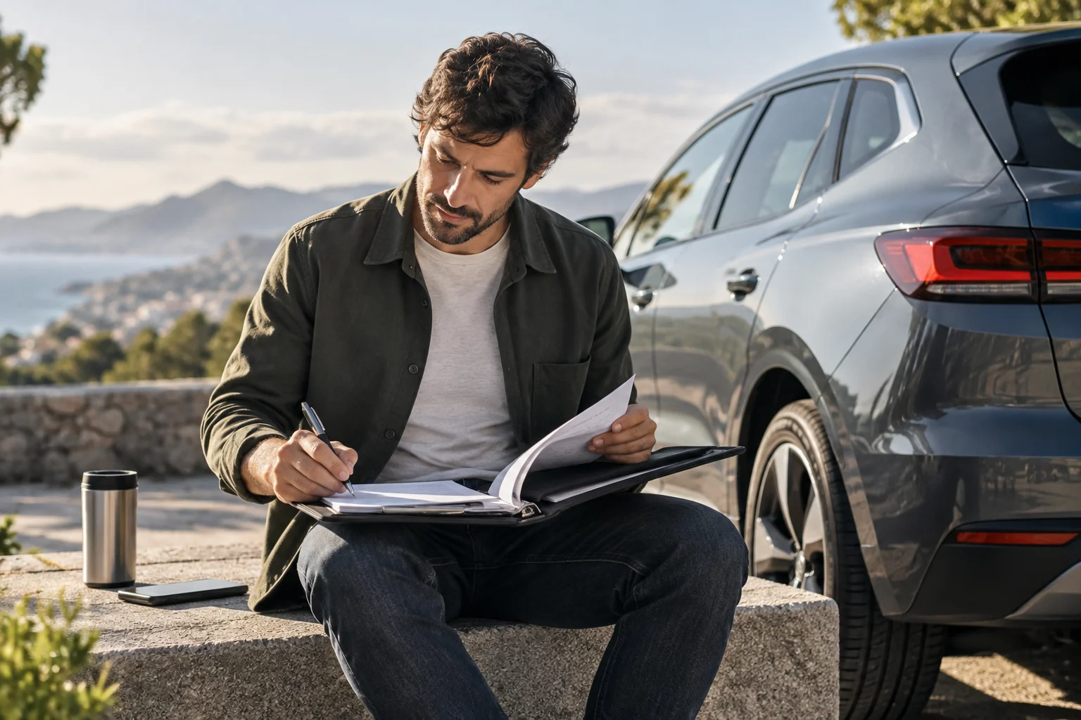 Eine Person organisiert Dokumente und Notizen neben einem Auto, bevor sie die Anzeige vorbereitet.