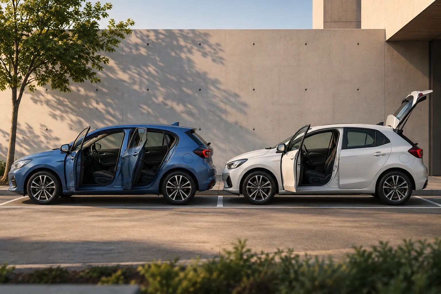 Two generic compact cars parked side by side with some doors open