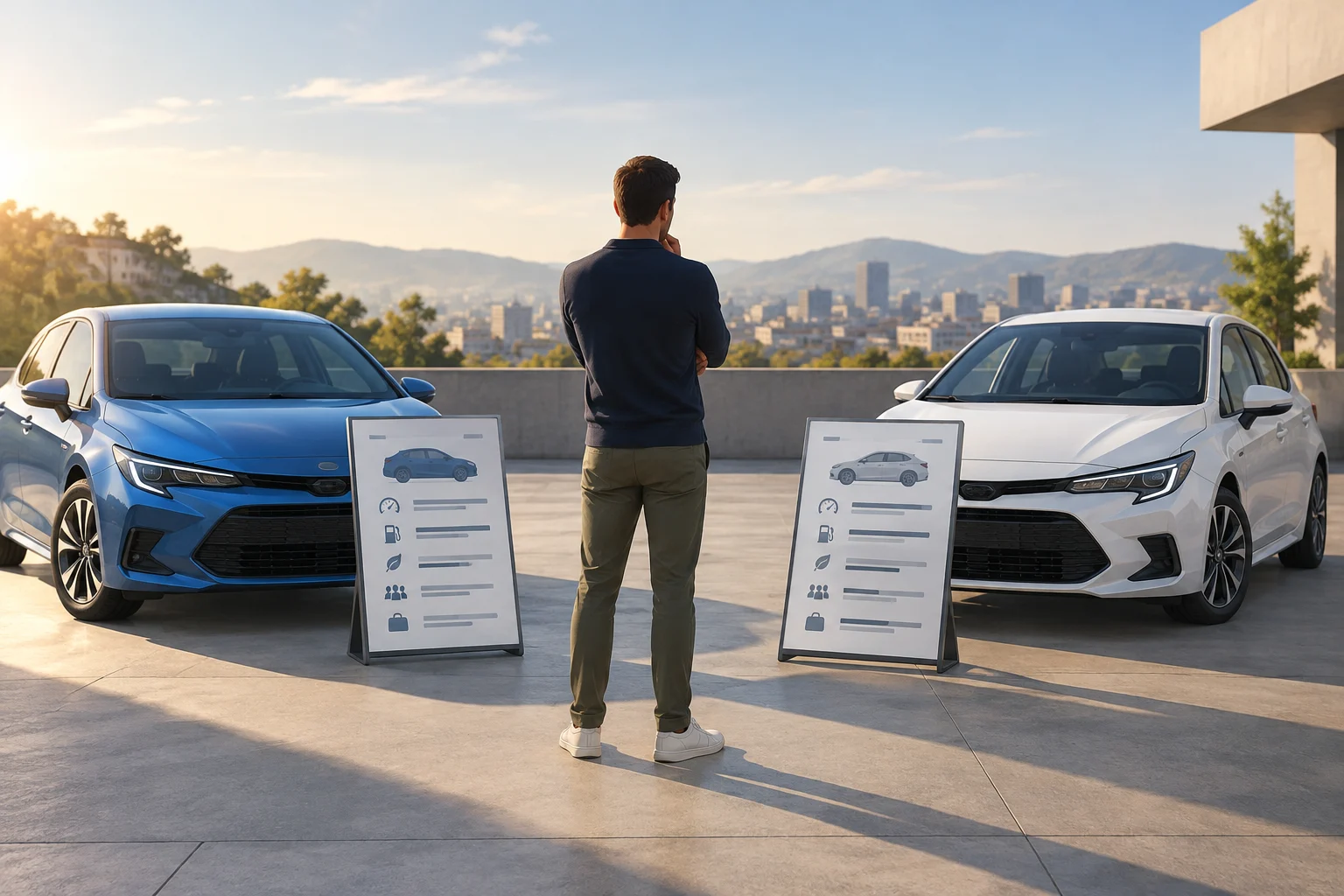 Two generic compact cars next to a person comparing their technical sheets