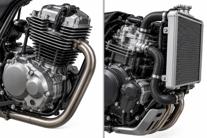 Technischer Vergleich eines luftgekühlten Motorradmotors und eines mit Wasserradiator