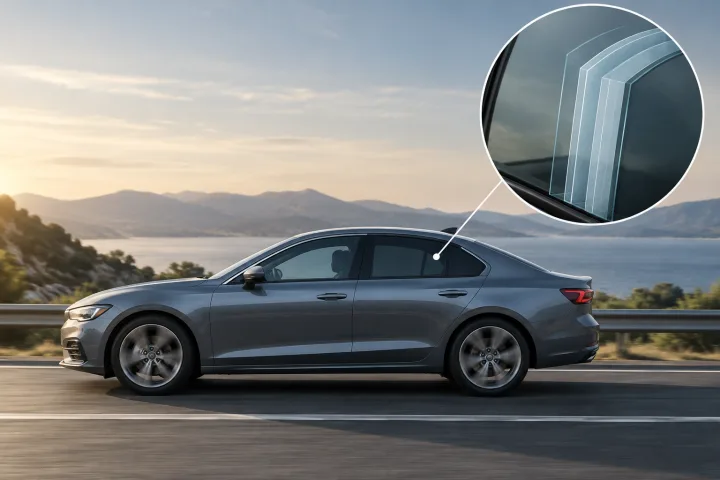 Close-up of a car window with a depiction of the layers in laminated glass