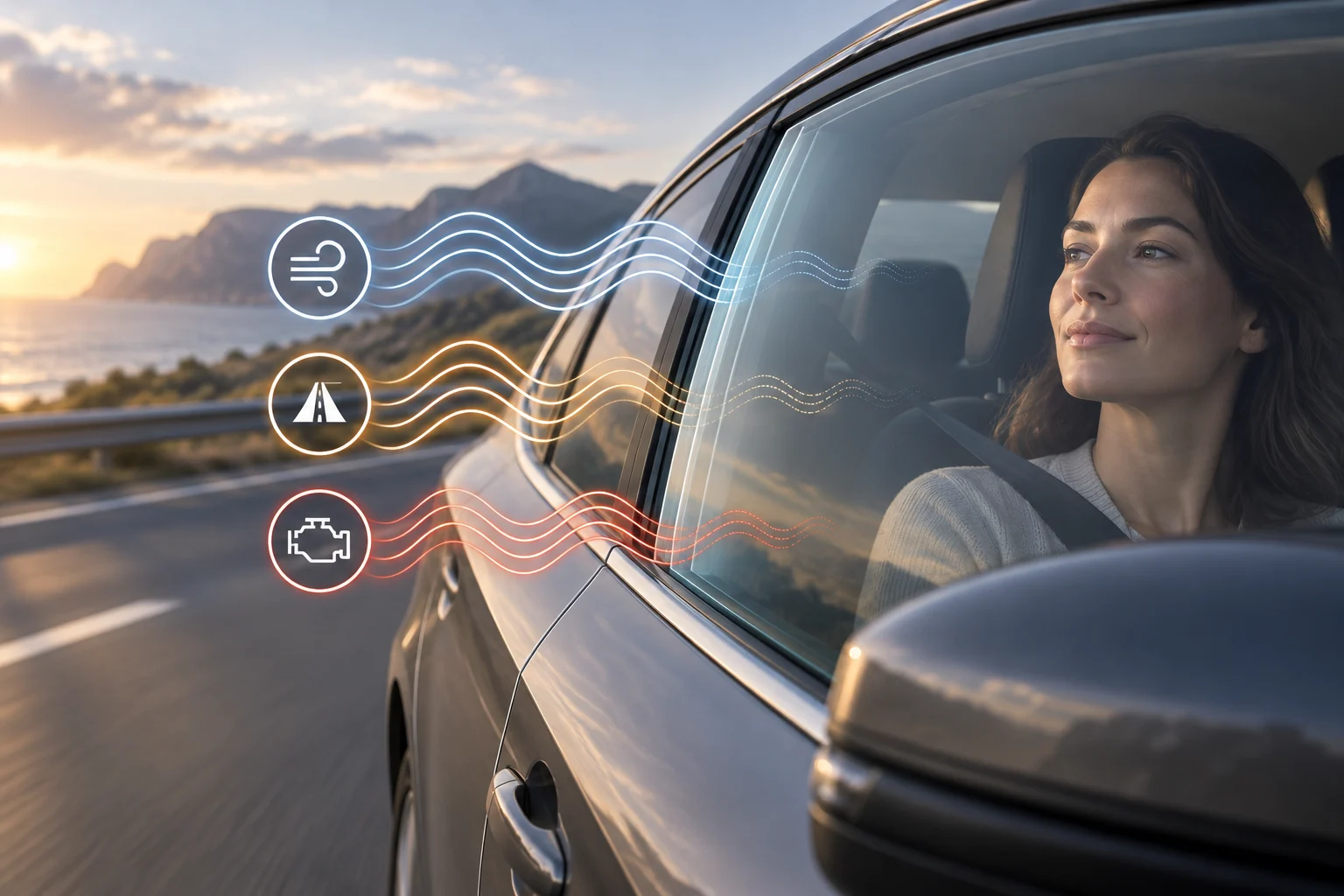 Représentation graphique des bruits de la route, du vent et du moteur près d’une vitre de voiture