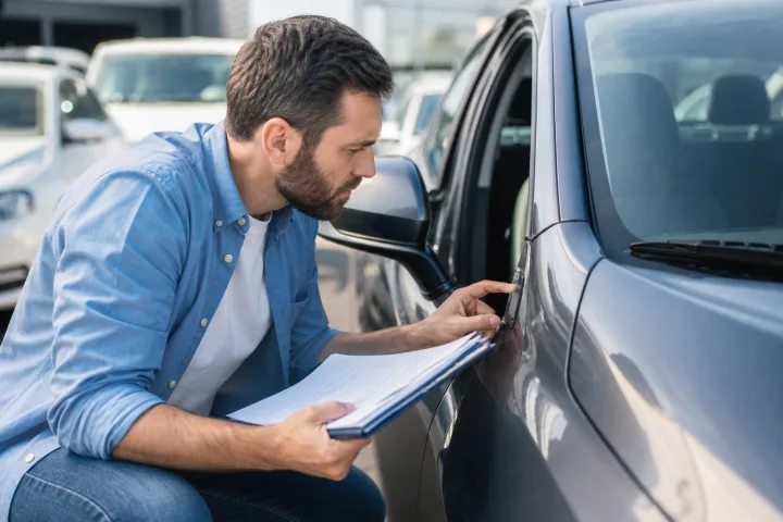 Acquirente che verifica il numero di telaio di un’auto usata insieme alla documentazione del veicolo.